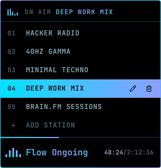 The Radio Flow panel: five stations, the fourth highlighted and playing, a play bar reading Flow Ongoing